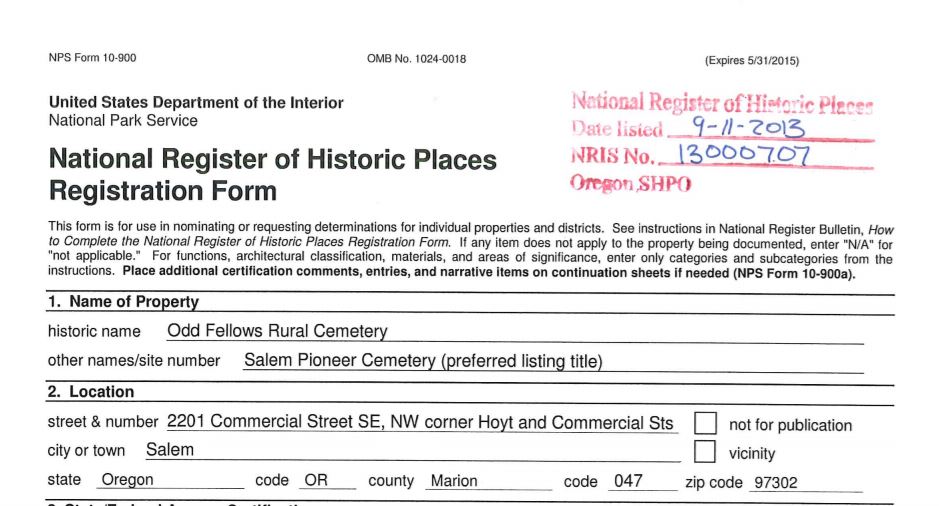 National Register Nomination for Salem Pioneer Cemtery